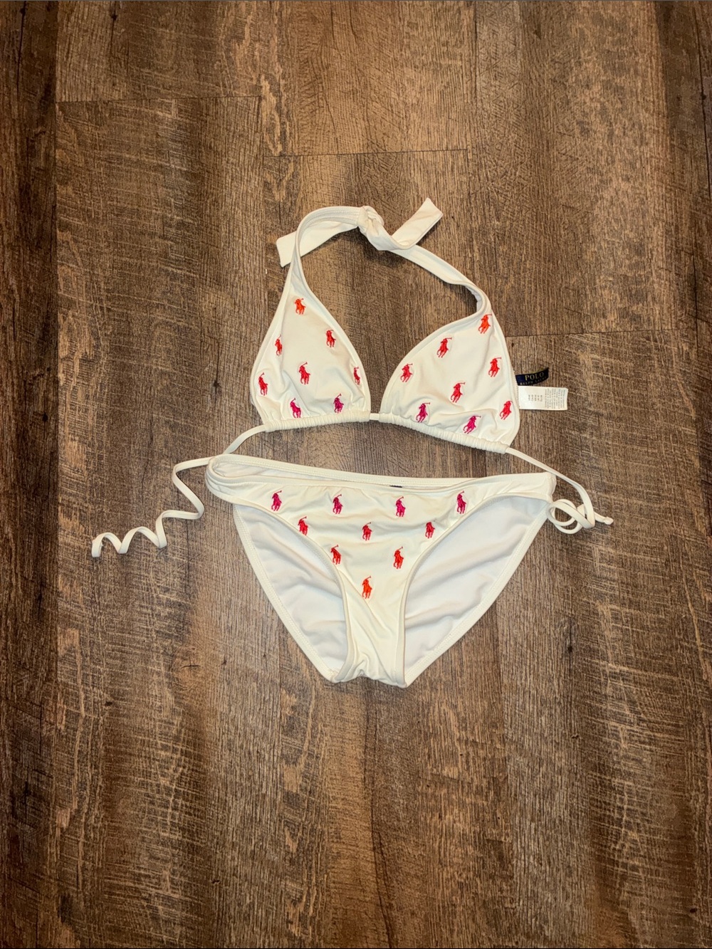 Ralph Lauren White Bikini with Pink and Orange Pony Embroidery